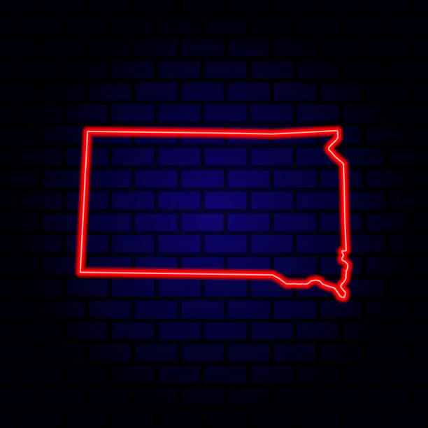 istock Neon map State of South Dakota on brick wall background. 1368174224