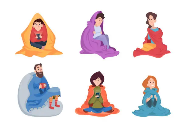 Vector illustration of People under blanket. Covered person couples and lonely sick characters under blanket scared exact vector cartoon illustrations