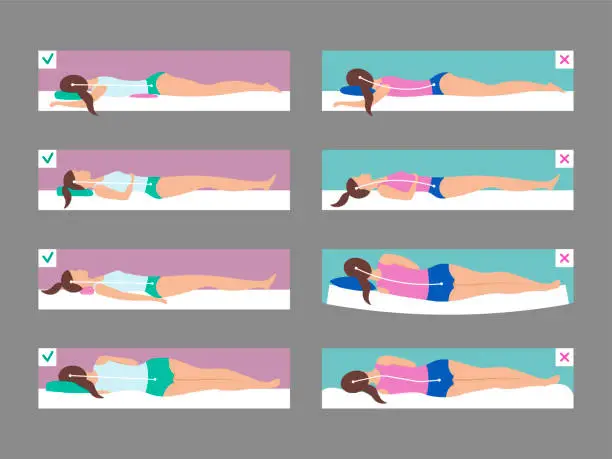 Vector illustration of Sleeping poses. Bad and correct anatomy for laying on couch body position on mattress medical infographics recent vector flat illustrations