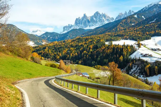 Scenic mountain  road  in late autumn, South Tyrol, Dolomite mountains, northern Italy
