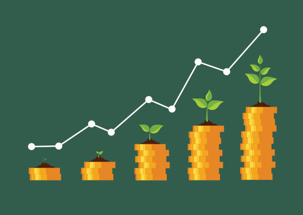 Green energy investment / plant growing on money stack sustainable energy investment growth with a green energy, illustration with plant growing on money stack investing stock illustrations