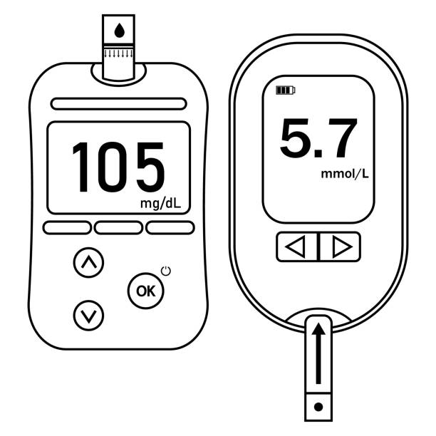 illustrazioni stock, clip art, cartoni animati e icone di tendenza di dispositivo di misurazione della glicemia illustrazione vettoriale isolata con contorno nero - blood sugar test examining instrument of measurement diabetes