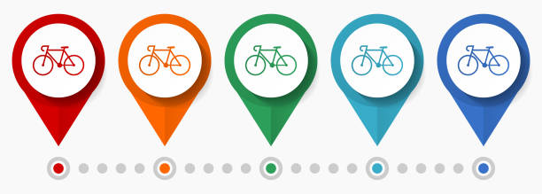illustrations, cliparts, dessins animés et icônes de vélo, vélo, ensemble d’icônes vectorielles de concept sportif, pointeurs téléphoniques à design plat, modèle infographique - bicycle sign symbol bicycle lane