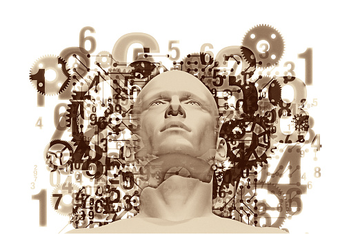 A centred human surrounded and overlaid with various sized translucent – machines gears and cogs, circuit board details, numerals and connected circular shapes.