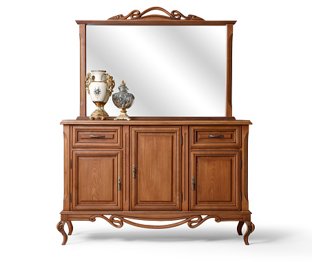 brown wooden Console with mirror on white background . Front view