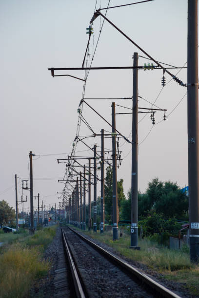 istock RAILWAY TRACK WITH LIGHT AND ELECTRIC POLE IN LANDSCAPE 1368179951