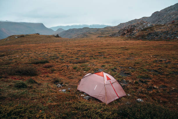 istock Tent on green hill among rocks. 1368180336