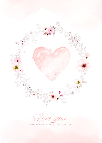 Watercolor heart-shaped in a wreath of pink flowers and leaves. Hand-painted watercolor suitable for Valentine's Day, Wedding Invitation, save the date, thank you, poster, or greeting card.