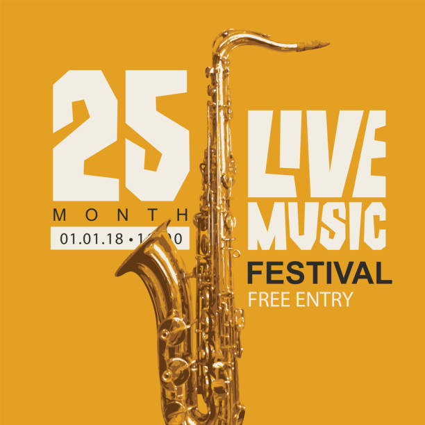 ilustraciones, imágenes clip art, dibujos animados e iconos de stock de cartel del festival de música jazz con saxofón - playbill