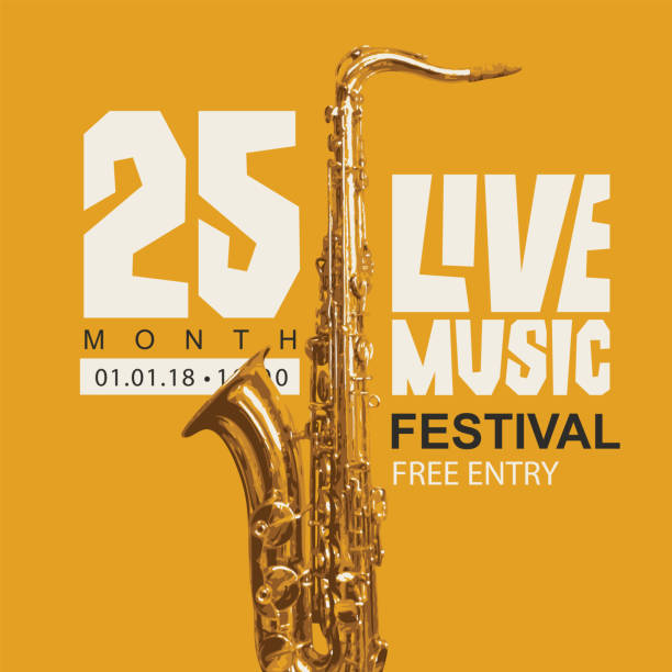 illustrations, cliparts, dessins animés et icônes de affiche du festival de musique jazz avec un saxophone - playbill