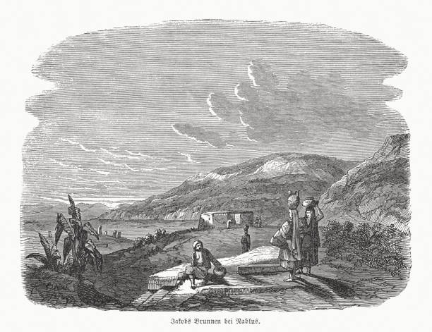 Jacob's Well, Nablus, West Bank, wood engraving, published in 1862 Historical view of the Jacob's Well - a deep well constructed from rock that has been associated in religious tradition with Jacob for roughly two millennia. The writings of pilgrims indicate that Jacob's Well has been situated within different churches built at the same site over time. By the 330s AD, the site had been identified as the place where Jesus held his conversation with the Samaritan woman. Today it is lacated inside an Eastern Orthodox church and monastery, in the Palestinian city of Nablus in the West Bank. Wood engraving, published in 1862. old water well drawing stock illustrations