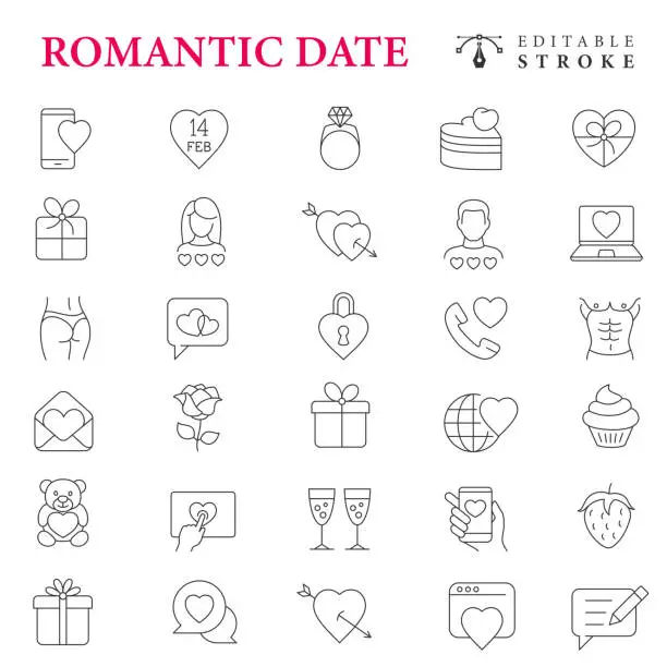 Vector illustration of Romantic Date Line Icon Set. Editable Stroke.