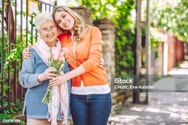 Teenage Girl Is Visiting Her Grandmother At Home Stock Photo - Download Image Now - Senior Adult, Summer, A Helping Hand