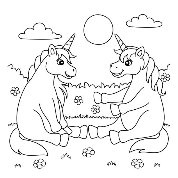 Unicorn Talking With A Friend Coloring Page A cute and funny coloring page of a unicorn talking with a friend. Provides hours of coloring fun for children. To color, this page is very easy. Suitable for little kids and toddlers. unicorn coloring pages stock illustrations