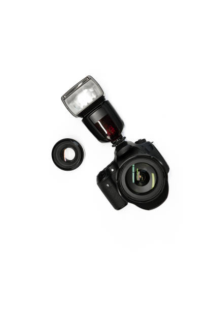 bezzrcadlovka na bílém pozadí se sadou 50mm objektivů shora - automatizace vyrobený předmět fotky - stock snímky, obrázky a fotky