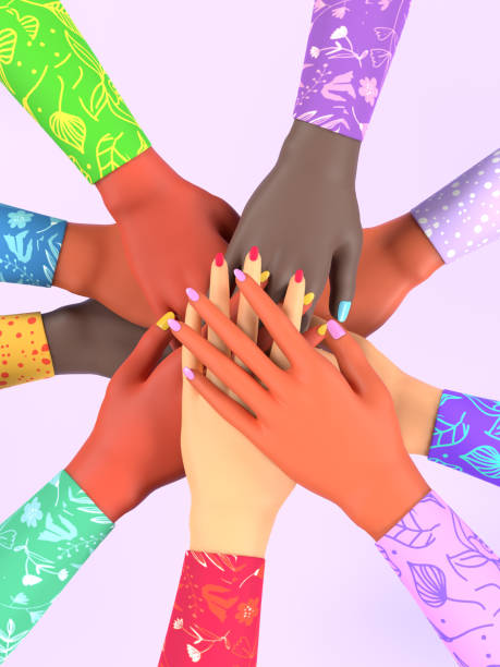 8 March International Women Day and feminism concept. Women's hands from all around the world are united to celebrate. Easy to crop to all sizes for social media, print or other design needs.