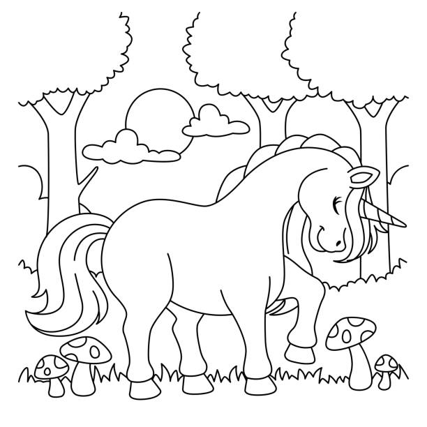 unicorn in a forest malvorlage für kinder - pilze wald deutschland stock-grafiken, -clipart, -cartoons und -symbole