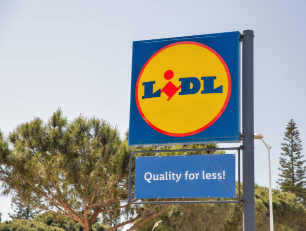 Protaras, Cyprus - May 25, 2021: Lidl supermarket logo closeup. Lidl is a German discount supermarket chain that operates over 7200 stores worldwide, it was founded in 1930