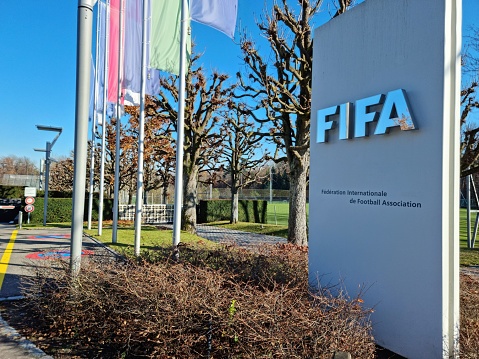 Fifa Headquarters in Zurich. The Building was opened in 2006 and contains the Headquarters of the International Federation of Association Football. The image shows the Brand at the main entrance in the Zurichberg.