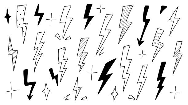 번개 낙서 벼락. 손으로 그린 - thunderstorm stock illustrations