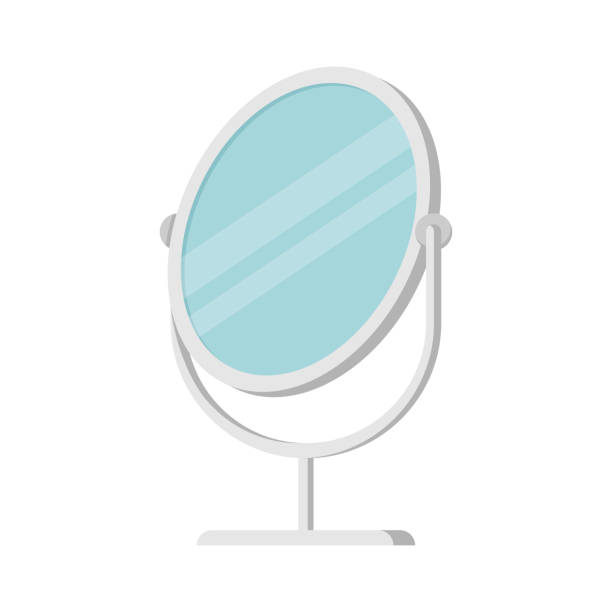 Small makeup mirror in circle frame on stand vector illustration cosmetic with silver metal border vector art illustration