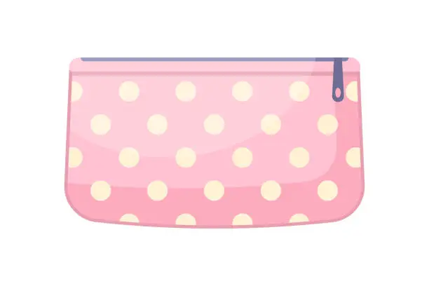 Vector illustration of Pink cosmetic bag polka dots ornament with zipper vector flat container for makeup and beauty tools