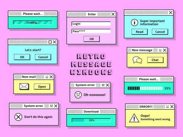 ретро окна сообщений. пк винтажное хипстерское почтовое облако, 1990-е годы технология сообщений элементы интерфейса. модный старый компьюте - browser internet web page window stock illustrations