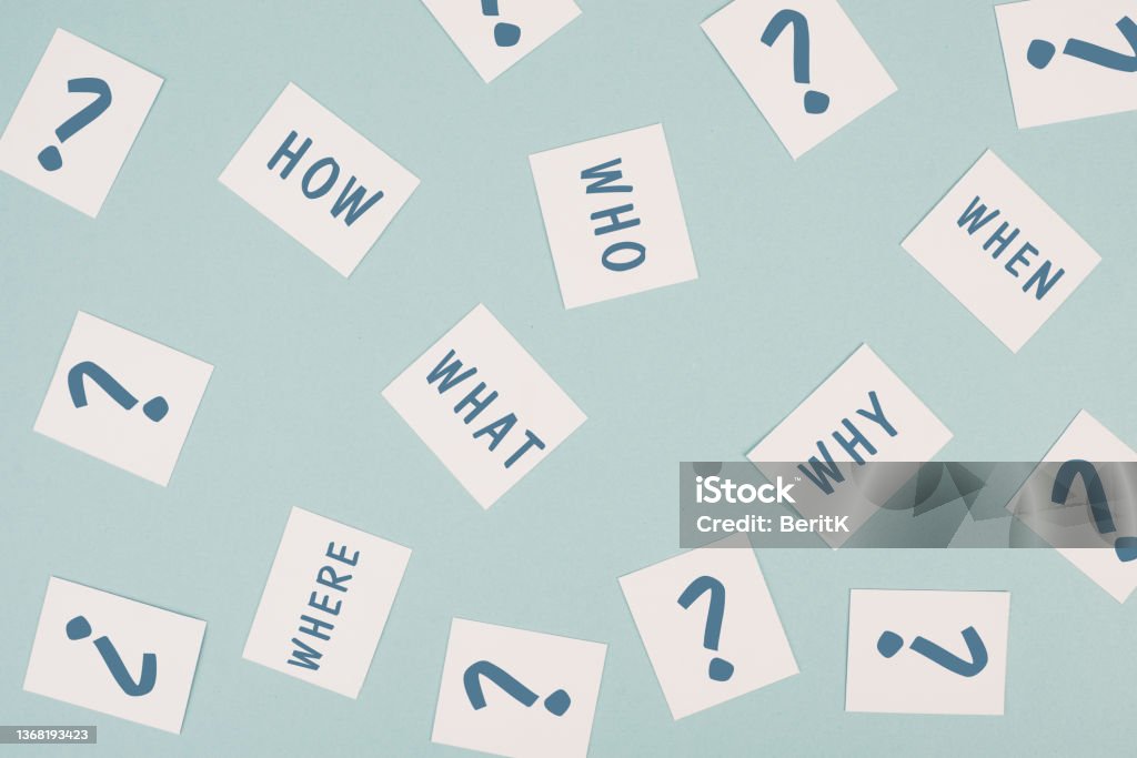 The words who what where how why and when are standing on small pieces of paper, question marks, asking for solution, problem solving Intelligence Stock Photo