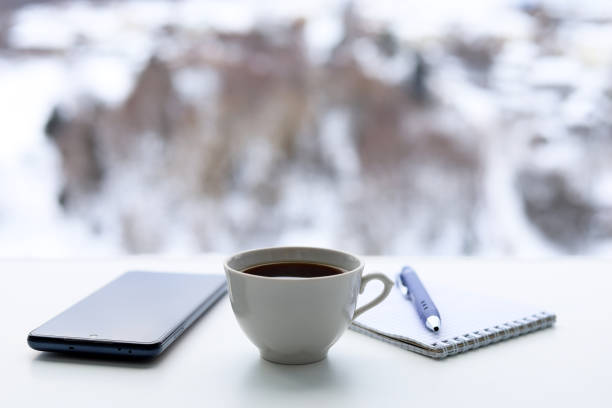 copo de café, smartphone e bloco de notas com caneta em uma mesa contra a janela, vista para o parque de inverno - heat snow urban scene creativity - fotografias e filmes do acervo