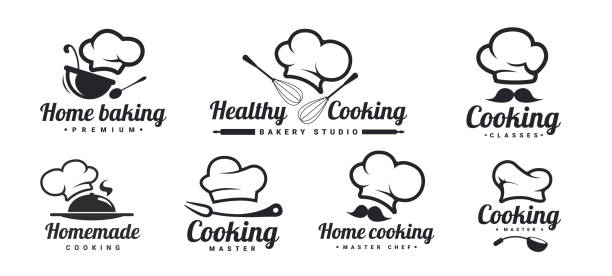 cooking symbol set with chef hats, mustache and kitchen tools. home baking, healthy cooking, homemade . kitchen phrases. vector illustration - baking stock illustrations