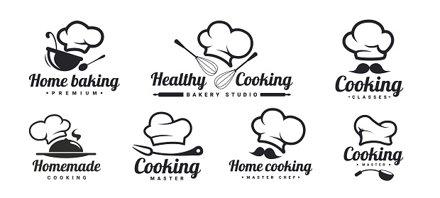 Cooking symbol set with Chef hats, mustache and kitchen tools. Home baking, healthy cooking, homemade . Kitchen phrases. Vector Illustration