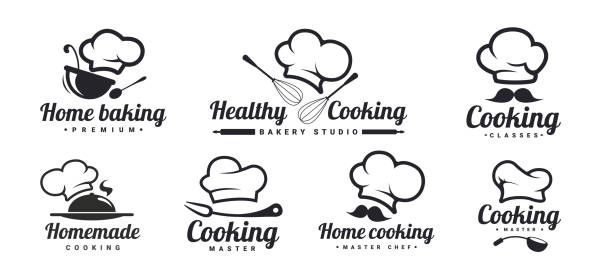 cooking symbol set with chef hats, mustache and kitchen tools. home baking, healthy cooking, homemade . kitchen phrases. vector illustration - 廚師帽 幅插畫檔、美工圖案、卡通及圖標