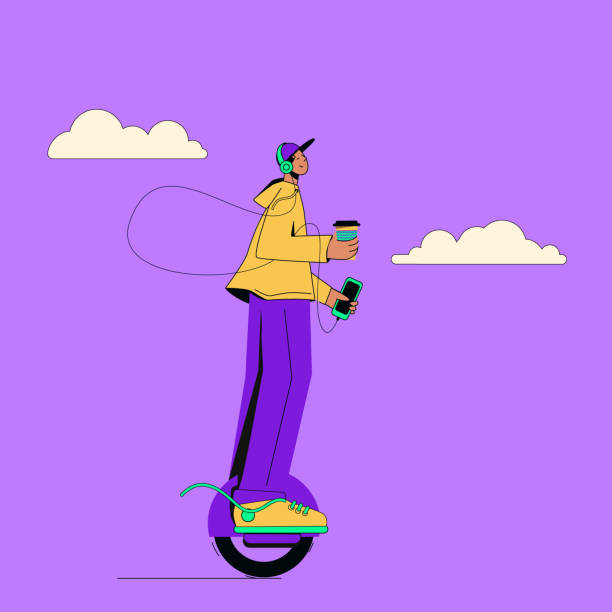 ilustrações de stock, clip art, desenhos animados e ícones de guy on a unicycle with coffee and music. serene morning walk of a modern young man. vector illustration in flat cartoon style. - unicycle men young adult standing