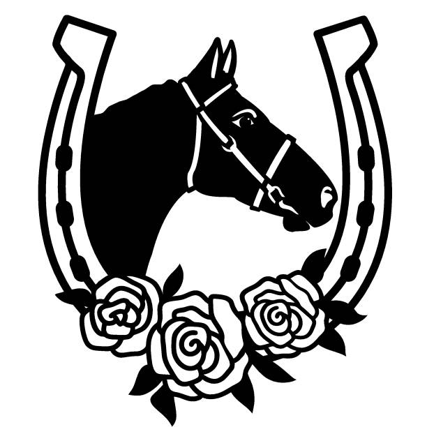 Horse and horseshoe sign silhouette with flowers illustration isolated on white for print or design. Vector Farm cowboy rodeo. Horse and horseshoe sign silhouette with flowers illustration isolated on white for print or design. Vector Farm cowboy rodeo silhouette of a cowboys logo pic stock illustrations