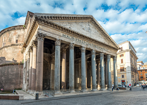 Pantheon in Rome. Pantheon is ancient temple build in 2nd century AD. It is located on Piazza della Rotonda. In front of Pantheon is fountain with Egyptian obelisk. It is one of most popular tourist sights in Rome.