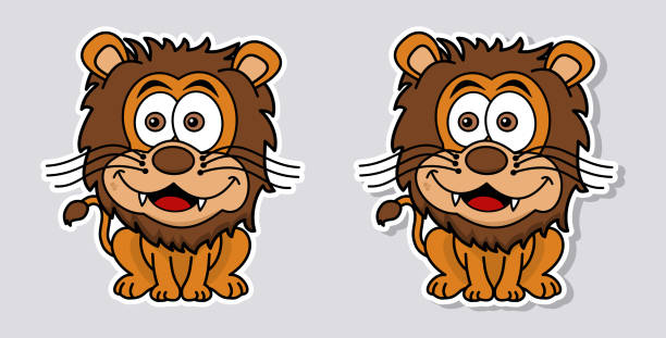 naklejka z dwoma uroczymi i siedzącymi lwami na szarym tle - wektor - brunatny miś stock illustrations