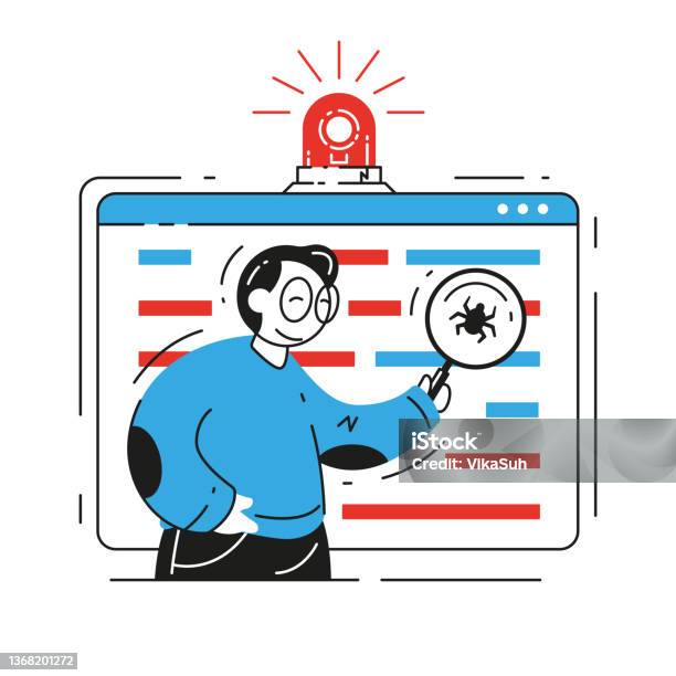 Male Developer Fixing Bug In Code Use Magnifying Glass Vector Flat ...