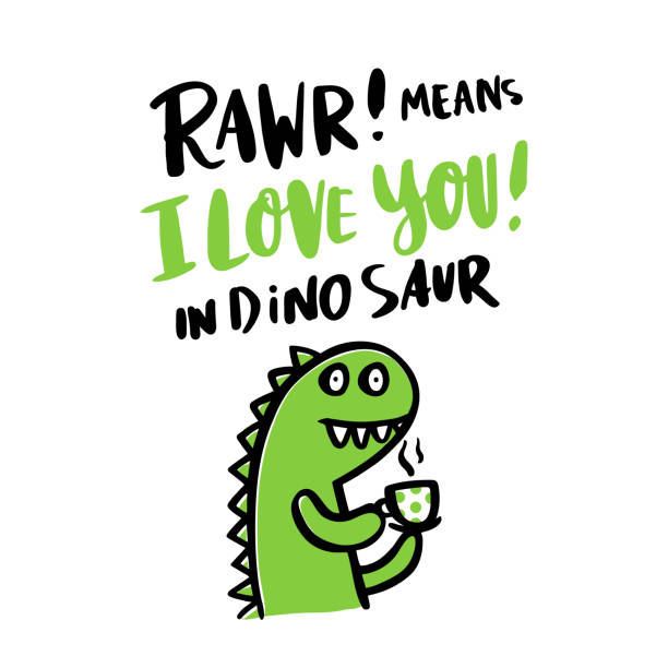 The hand-drawing inscription: "Rawr! means i love you! in dinosaur" and a cartoon little funny dinosaurin, on a white background. It can be used for card, mug, brochures, poster, t-shirts, phone case etc. Vector Image. The hand-drawing inscription: "Rawr! means i love you! in dinosaur" and a cartoon little funny dinosaurin, on a white background. It can be used for card, mug, brochures, poster, t-shirts, phone case etc. Vector Image. dinosaur rawr stock illustrations