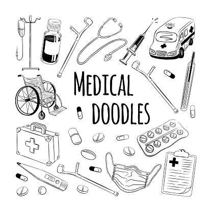 Medical doodles set. Hand drawn clinic stuff in sketchy vintage style on white background. Vector illustration.