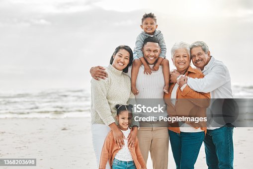 istock Cropped shot of an affectionate family of six on the beach 1368203698