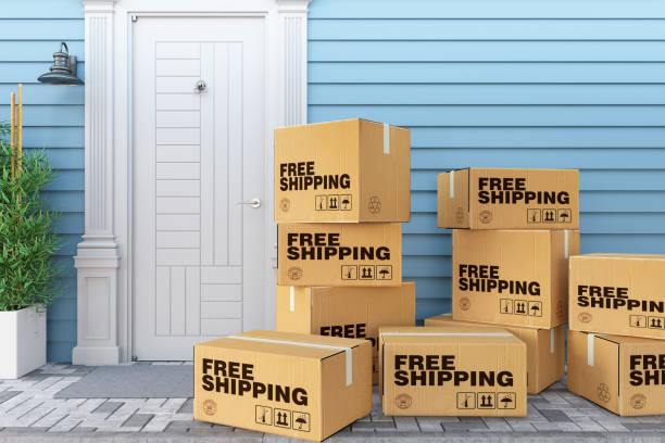 istock Free Shipping Cargo Boxes on Doorway 1368203884