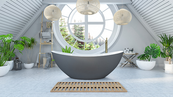 Loft Bathroom with Green Plants. 3D Render