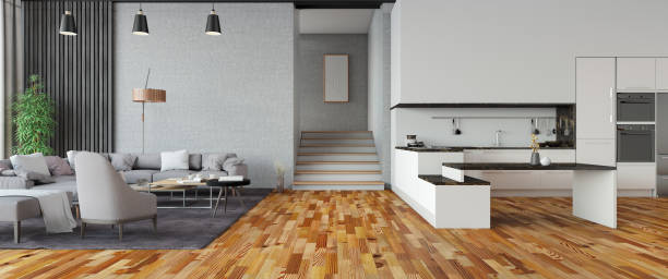 istock Modern Living Room and Open Kitchen Panorama 1368204326
