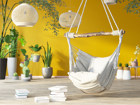 Cozy Living Room with Hammock Books and Plants. 3D Render