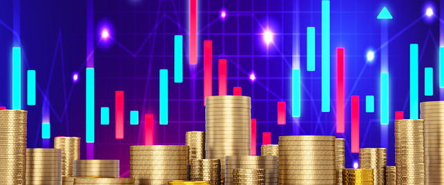 Golden Coins with Financial Chart as a Background. 3D Render