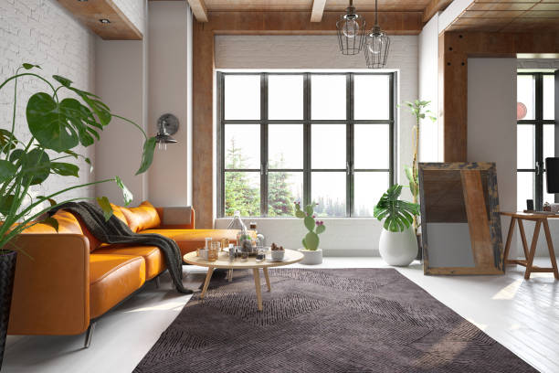 istock Cozy Living Room with Leather Sofa and Green Plants 1368206116