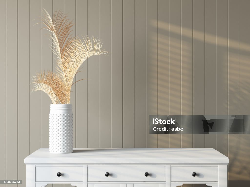 White Drawer with an Empty Wall and Vase White Drawer with an Empty Wall and Vase. 3D Render Dresser Stock Photo