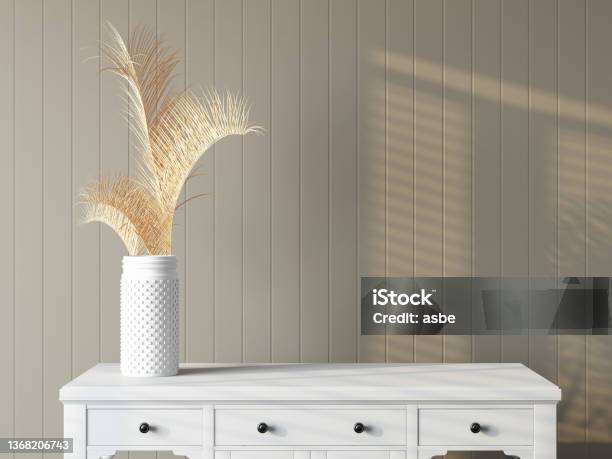 White Drawer With An Empty Wall And Vase Stock Photo - Download Image Now - Dresser, Furniture, Sideboard
