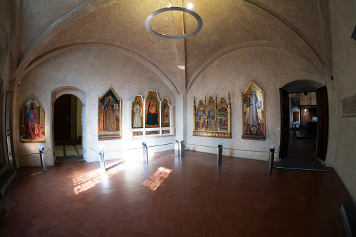 Florence, Italy. January 2022.  interior of the paintings in the halls of the  Santa Croce Basilica in the city center