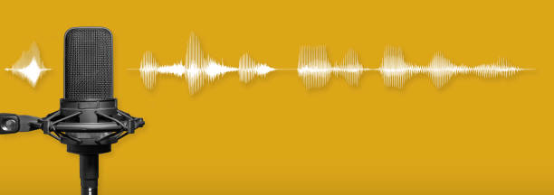istock Podcast microphone recording sound with white audio waveform and copy space on yellow background 1368207182